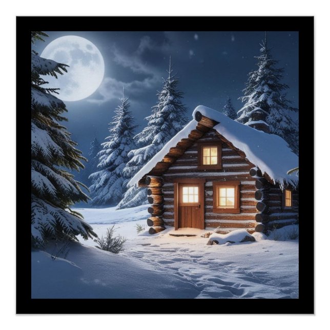 Poster Rustique Moonlight Cosy Cabine d'hiver (Devant)