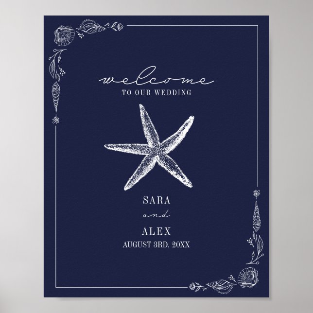 Poster Rustique Starfish Dark Blue Beach Mariage Bienvenu (Devant)