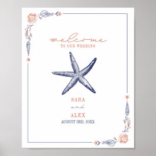 Poster Rustique Starfish Red & Blue Beach Mariage Bienven