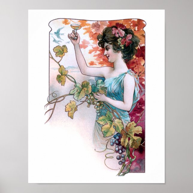 Poster Rustique Vintage fille avec vin (Devant)