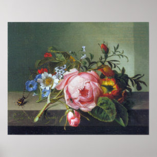 Poster Ruysch - Branche de rose avec kafer et abeille