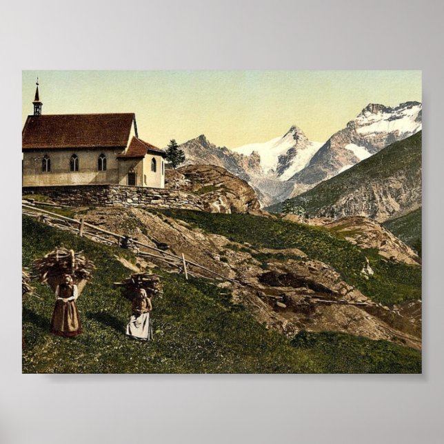Poster Saas Fee, église et Rimpfischhorn, Valais, Alpes o (Devant)