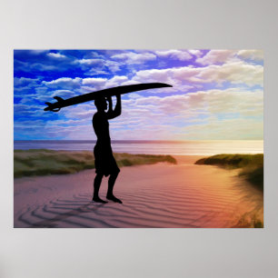 Poster Sable et nuages de surfer de coucher du soleil