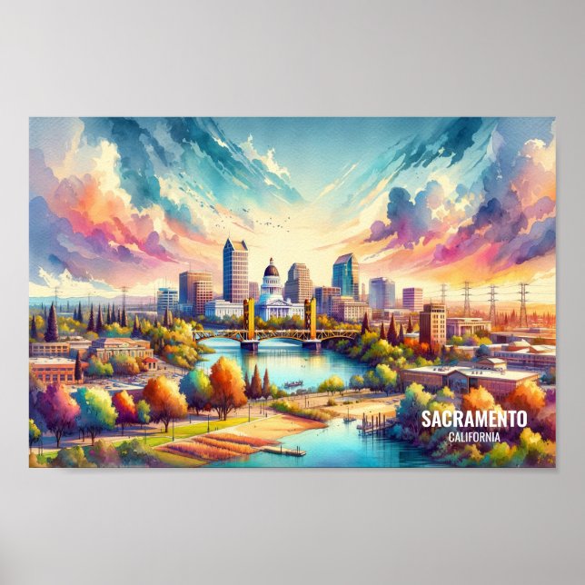 Poster Sacramento California Travel Places aquarelle (Devant)