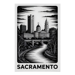 Poster Sacramento Californie Skyline Noir Blanc Gravure s