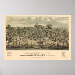 Poster Sacramento, carte panoramique de CA - 1850