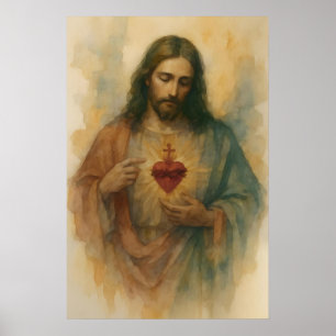 Poster Sacre-Coeur de Jésus Art dévotionnel aquarelle