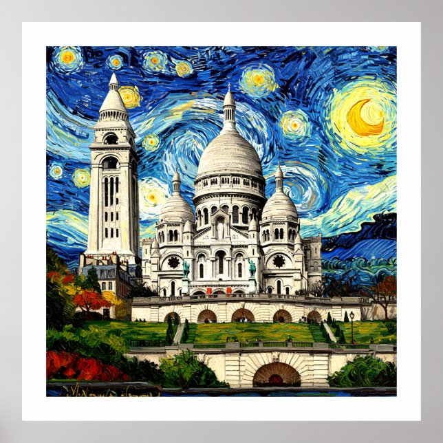 Poster Sacre-Coeur Paris France Starry Night (Devant)