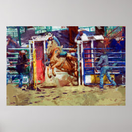 Poster Saddle Bronc Breaking Out of Rodeo Chute w Cowboy