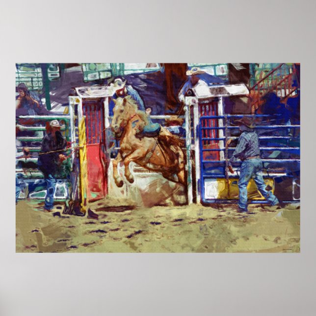 Poster Saddle Bronc Breaking Out of Rodeo Chute w Cowboy (Devant)