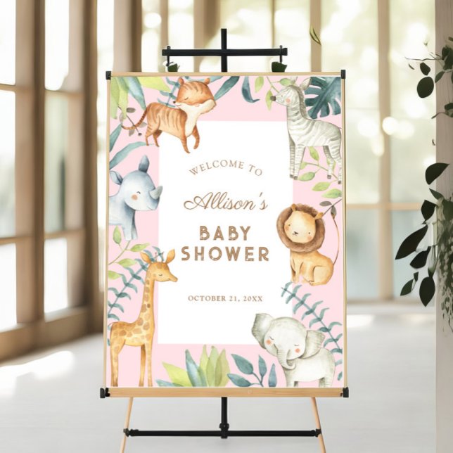 Poster Safari animal fille baby shower signe de bienvenue (Créateur téléchargé)
