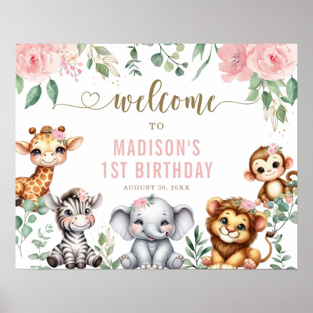 Poster Safari Animal Rose Floral 1er anniversaire Bienven (Devant)