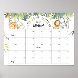 Poster Safari animaux baby shower date d'échéance deviner