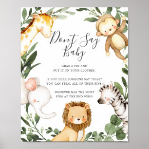 Poster Safari Animaux Baby shower Ne pas dire bébé signe