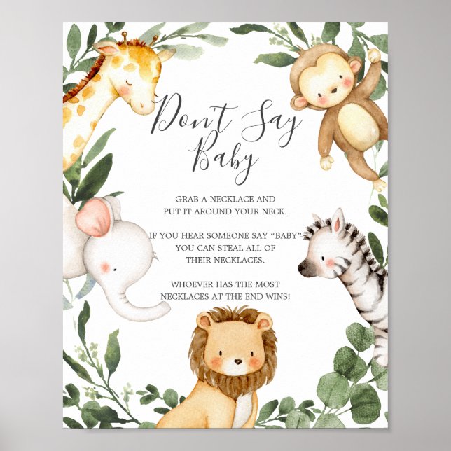 Poster Safari Animaux Baby shower Ne pas dire bébé signe (Devant)