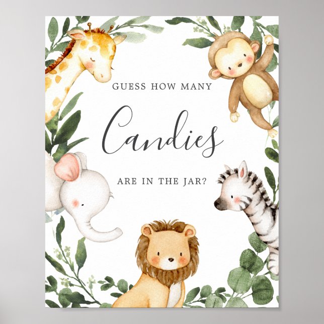 Poster Safari Animaux Baby showers Devinez Combien De Can (Devant)
