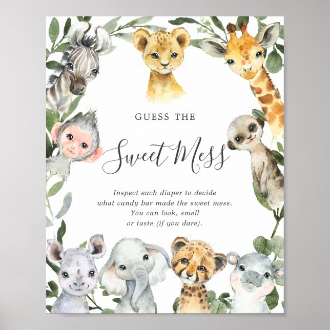 Poster Safari Animaux Baby showers Devinez Le Mess Sweet (Devant)