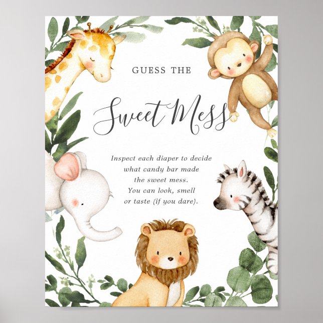 Poster Safari Animaux Baby showers Devinez Le Sweet Mess  (Devant)