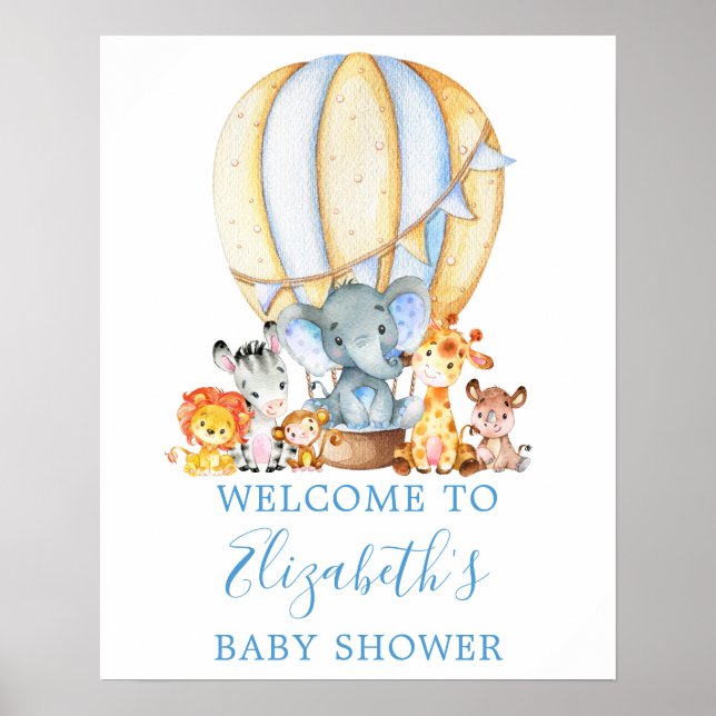 Poster Safari Animaux Blue Balloon Baby shower Bienvenue (Devant)