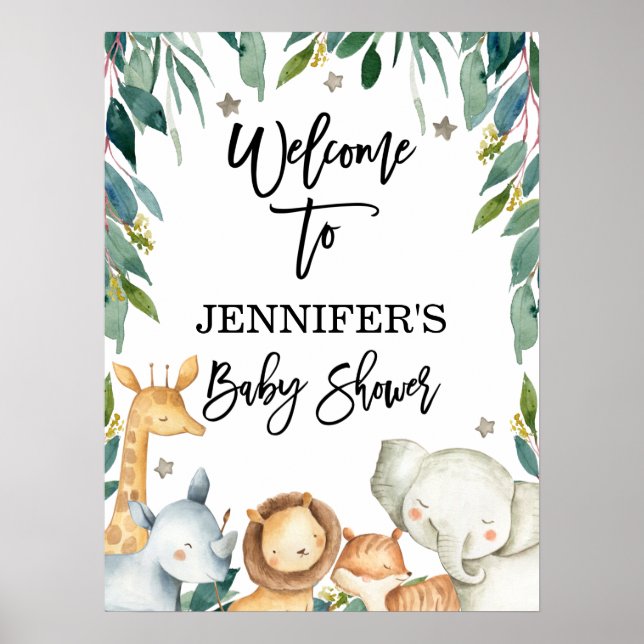 Poster Safari Animaux Et Baby shower D'Accueil Vert (Devant)