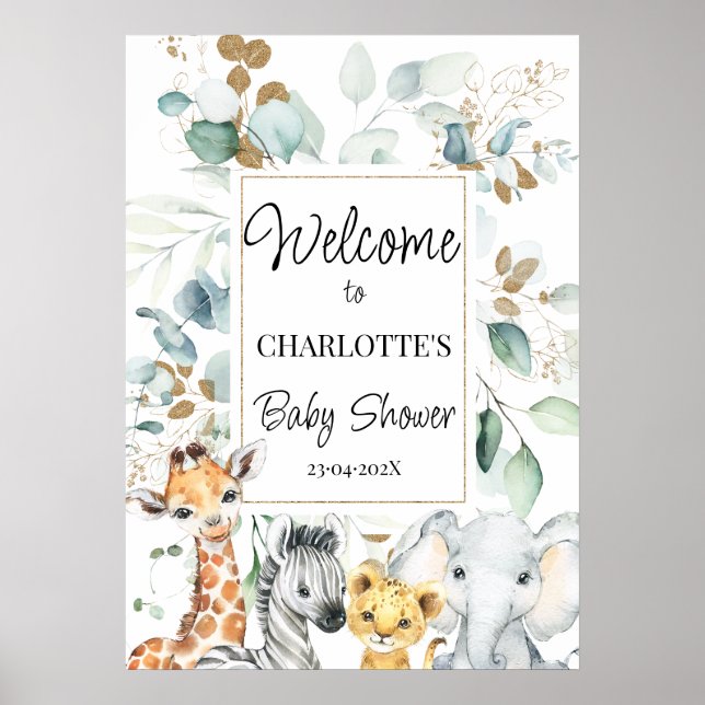 Poster Safari Animaux Foliage Baby shower Bienvenue (Devant)