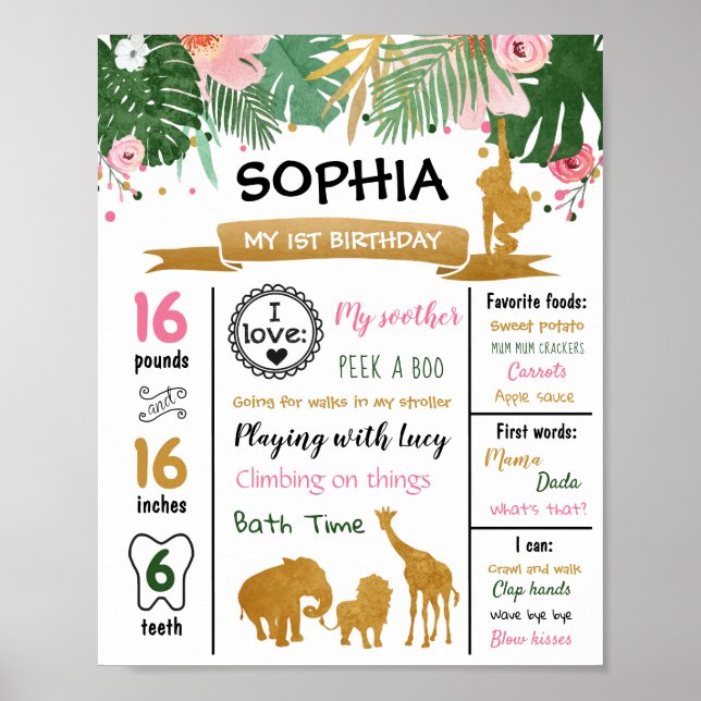 Poster Safari Animaux Wild One First Birthday Milestones (Devant)