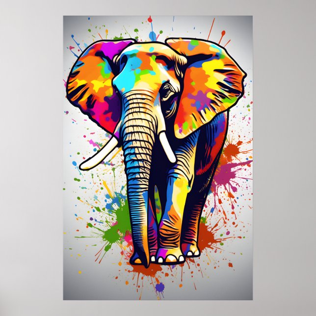 Poster Safari Elephant Art Africain, Peinture Arc En Ciel (Devant)