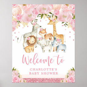 Poster Safari Floral Rose Blush Wild Animals Bienvenue bé