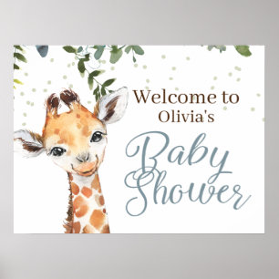 Poster Safari Giraffe Baby shower d'accueil gris bleu