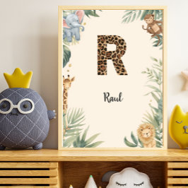 Poster Safari Jungle Monogramme Personnalisé Enfant Nurse