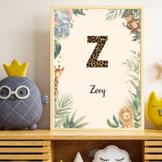 Poster Safari Jungle Monogramme Personnalisé Nom Z Crèche