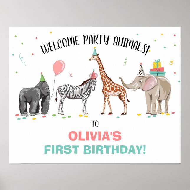 Poster Safari Party Animaux Zoo Girl Anniversaire Bienven (Devant)