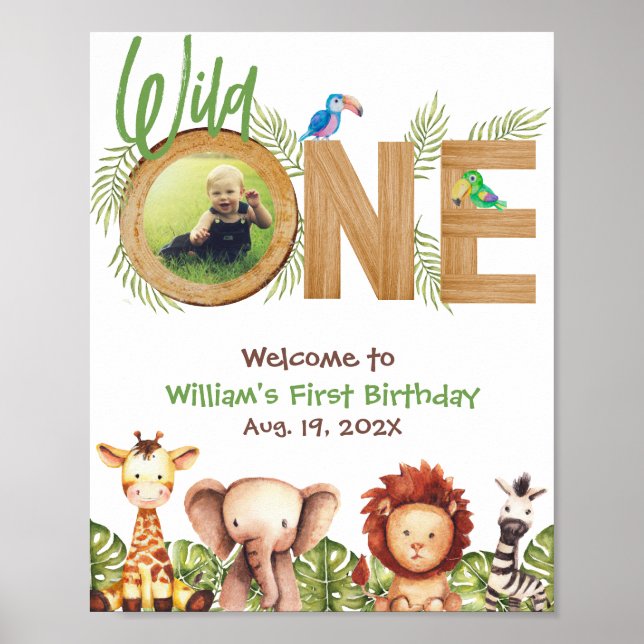 Poster Safari Wild One Photo Bois Premier anniversaire Bi (Devant)