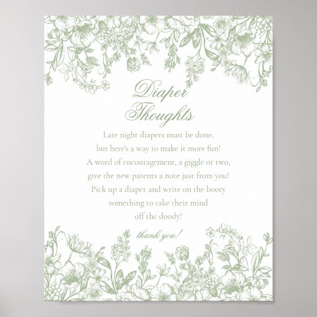 Poster Sage Chinoiserie Flora Diaper Thoughts Baby Shower (Devant)