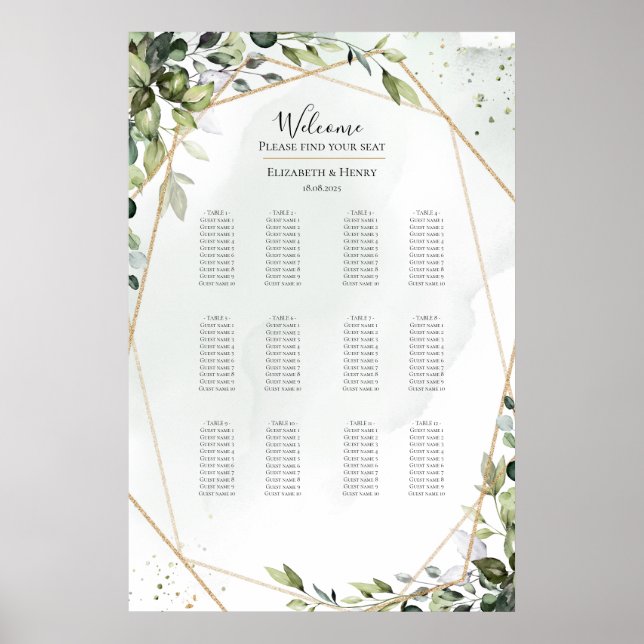 Poster Sage gold eucalyptus boho wedding seating chart (Devant)