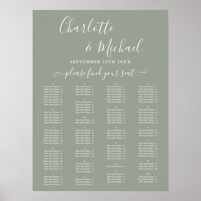 Poster Sage Green Alphabetical Wedding Seating Chart (Devant)