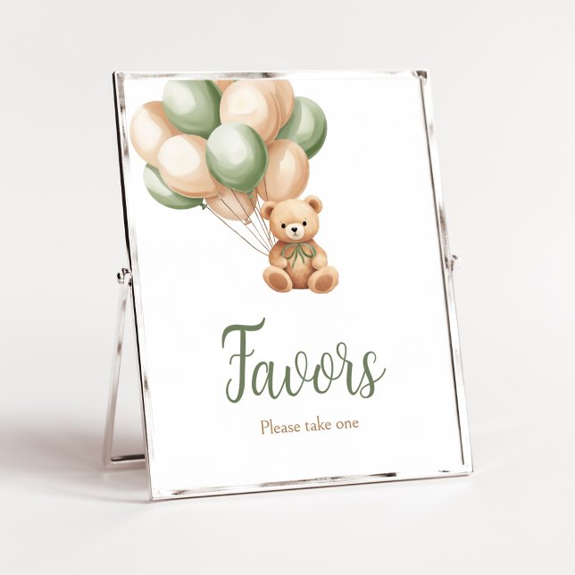 Poster Sage Green Bear Balloon Baby shower Faveurs (Green Boho Bear Baby Shower Favors Sign)