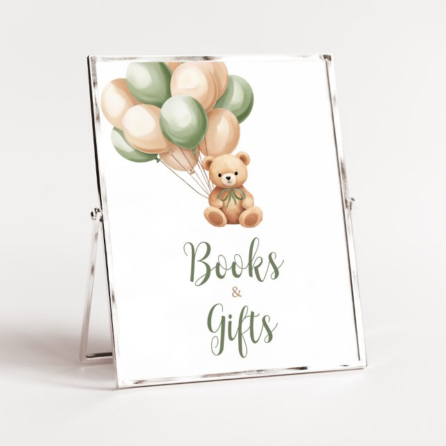 Poster Sage Green Bear Ballotte Livres et Cadeaux (Green Boho Bear Baby Shower Books and Gifts Sign)