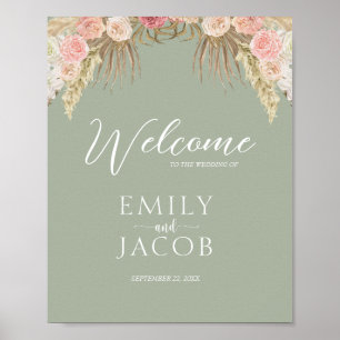 Poster Sage Green Boho Floral Mariage Whimsical Bienvenue