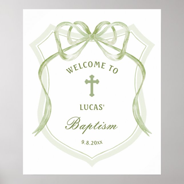 Poster Sage Green Bow Crest Baptisme Bienvenue (Devant)