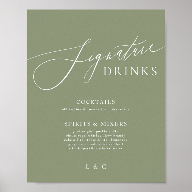 Poster Sage Green Calligraphie Mariage Signature Boissons (Devant)