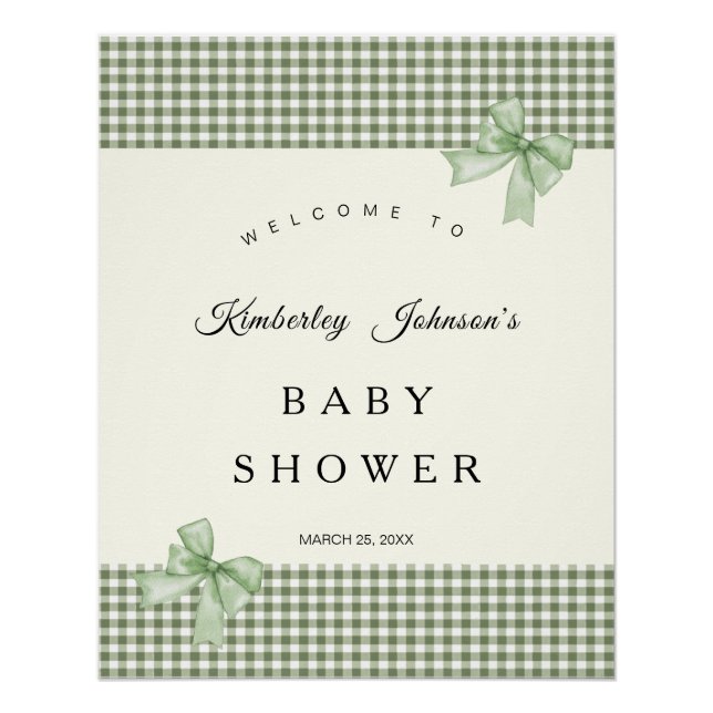 Poster Sage Green En vichy Baby shower Invitation et vach (Devant)