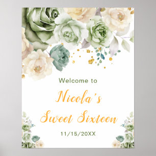 Poster Sage Green et crème Sweet sixteen Floral Bienvenue