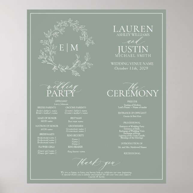 Poster Sage Green Leafy Crest Monogramme Programme de mar (Devant)