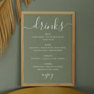 Poster Sage green script mariage alcool menu bar boissons
