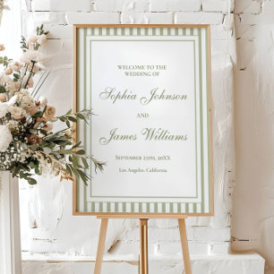 Poster Sage Green Stripe Ancien Argent Mariage Bienvenue