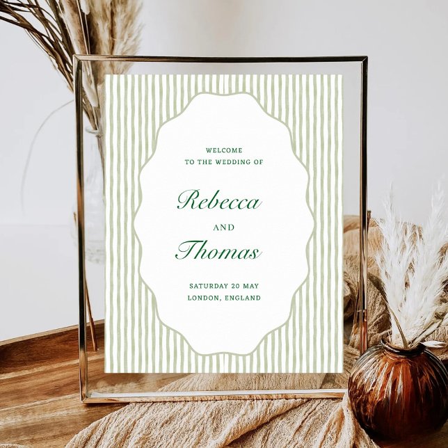 Poster Sage Green Stripe Wedding Welcome (Créateur téléchargé)