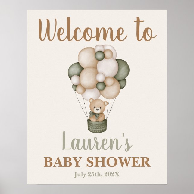 Poster Sage Green Teddy Bear Baby shower de bienvenue (Devant)