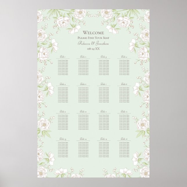 Poster Sage Green White Rose Wedding Seating Chart (Devant)