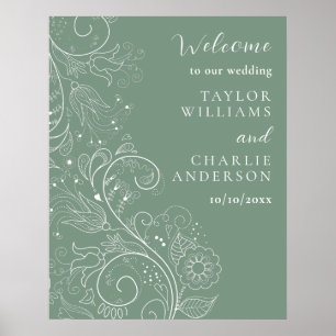 Poster Sage Vert Élégant Floral Mariage Bienvenue